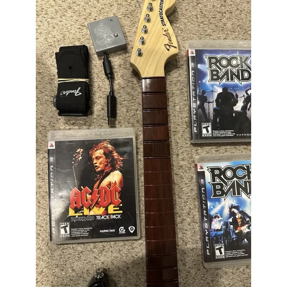 PlayStation 3 PS3 Rock Band Sunburst Wireless Guitar W Dongle 3 Games Rockband